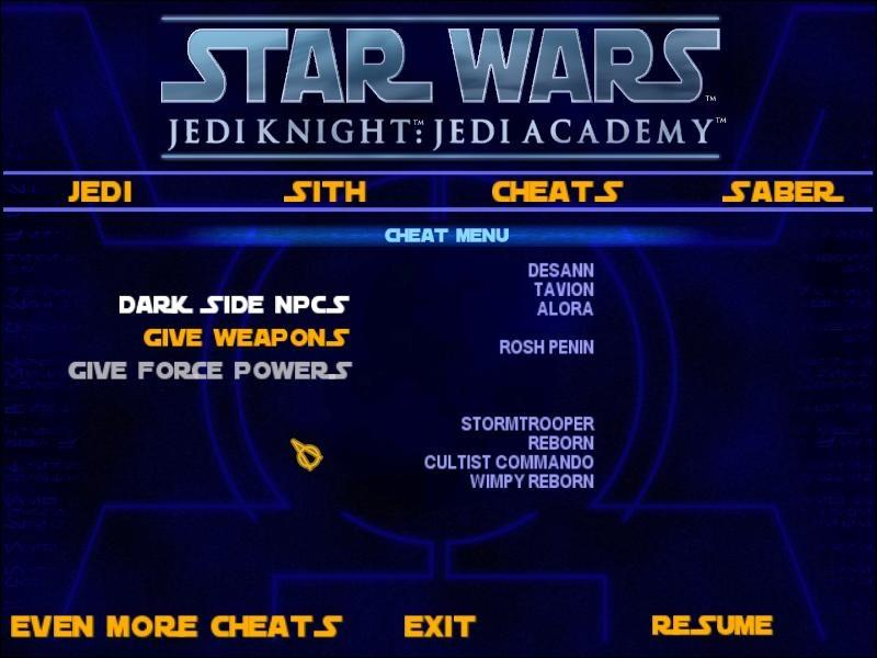 jedi academy cheat codes